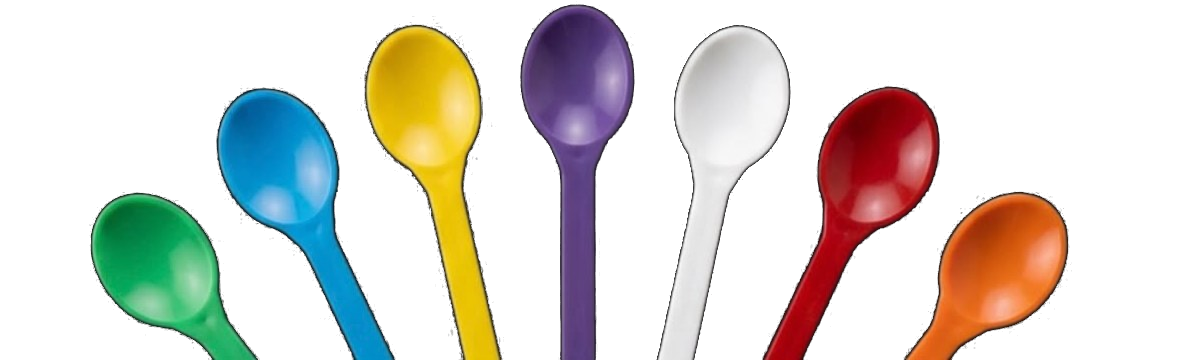 Leque de colheres Mag Plasti nas cores verde, azul, amarela, roxa, branca, vermelha e laranja